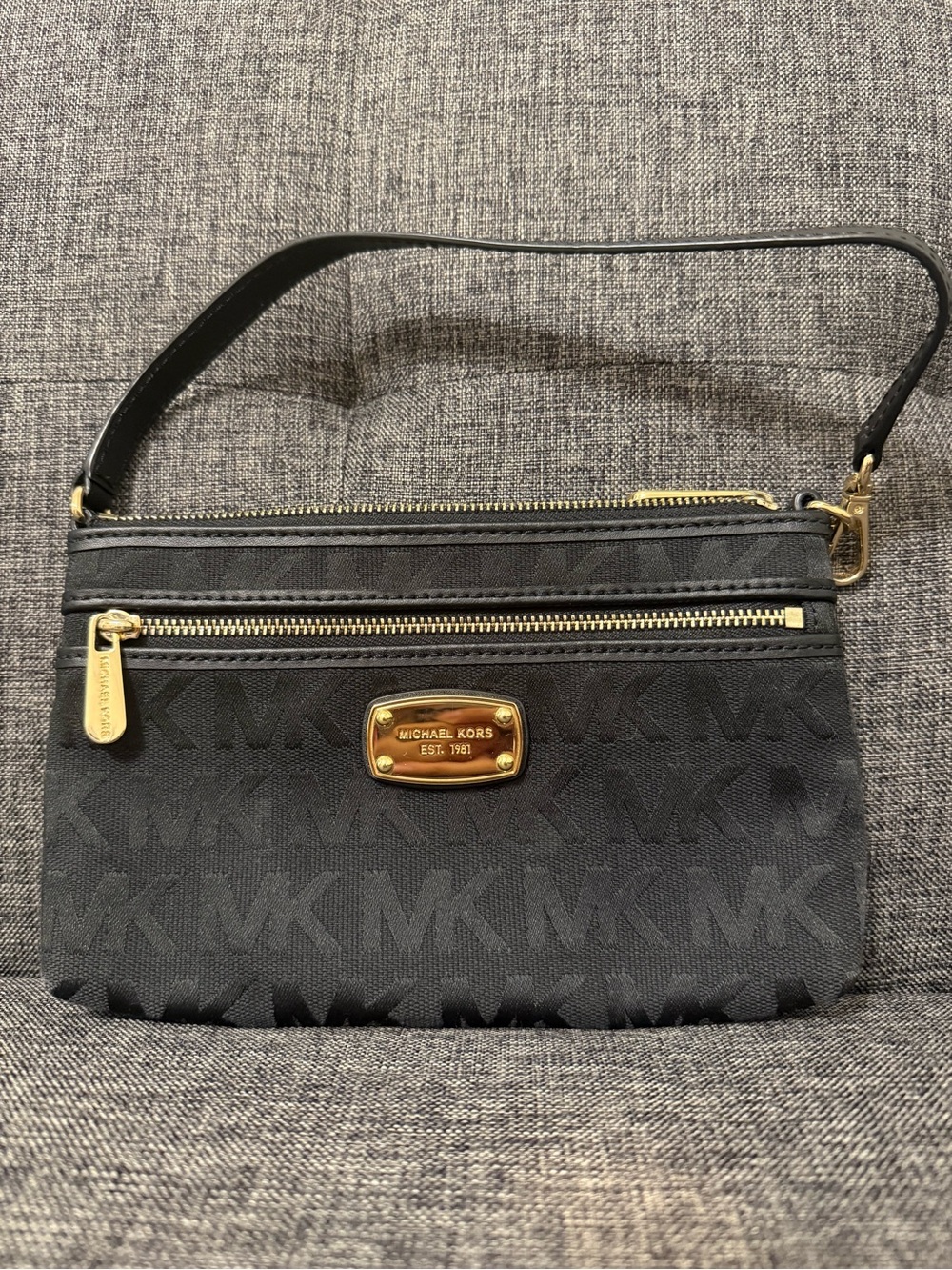 Michael Kors Black MK Signature Wristlet with Gold Plaque